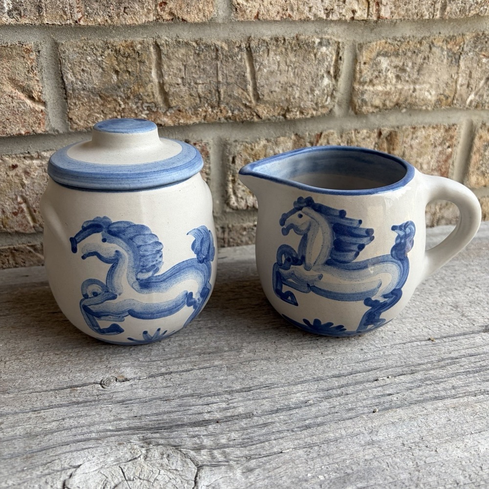 MA Hadley Pottery Prancing Blue Horse Sugar Bowl With Lid & Creamer Oversized